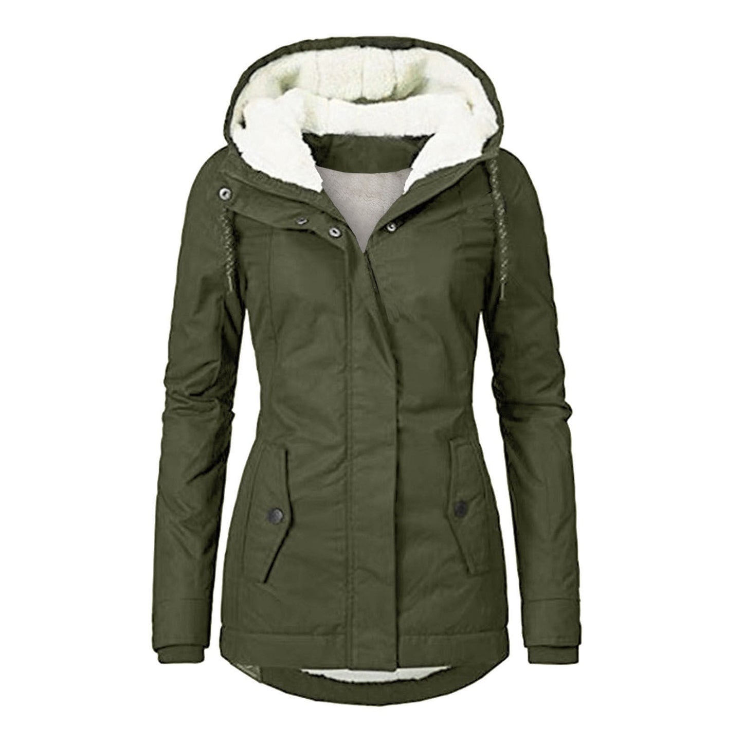 Winter Hooded Jacket Solid Color Warm Buckle Zip-up Fleece Jacket With Pockets Women's Casual Jacket Best YouTube Store