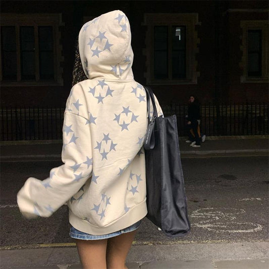 Stars Printed Zipper Hooded Cardigan Couple Fashion Outerwear Hoodies Sweatshirt Street Men Women Coat Accent Plus
