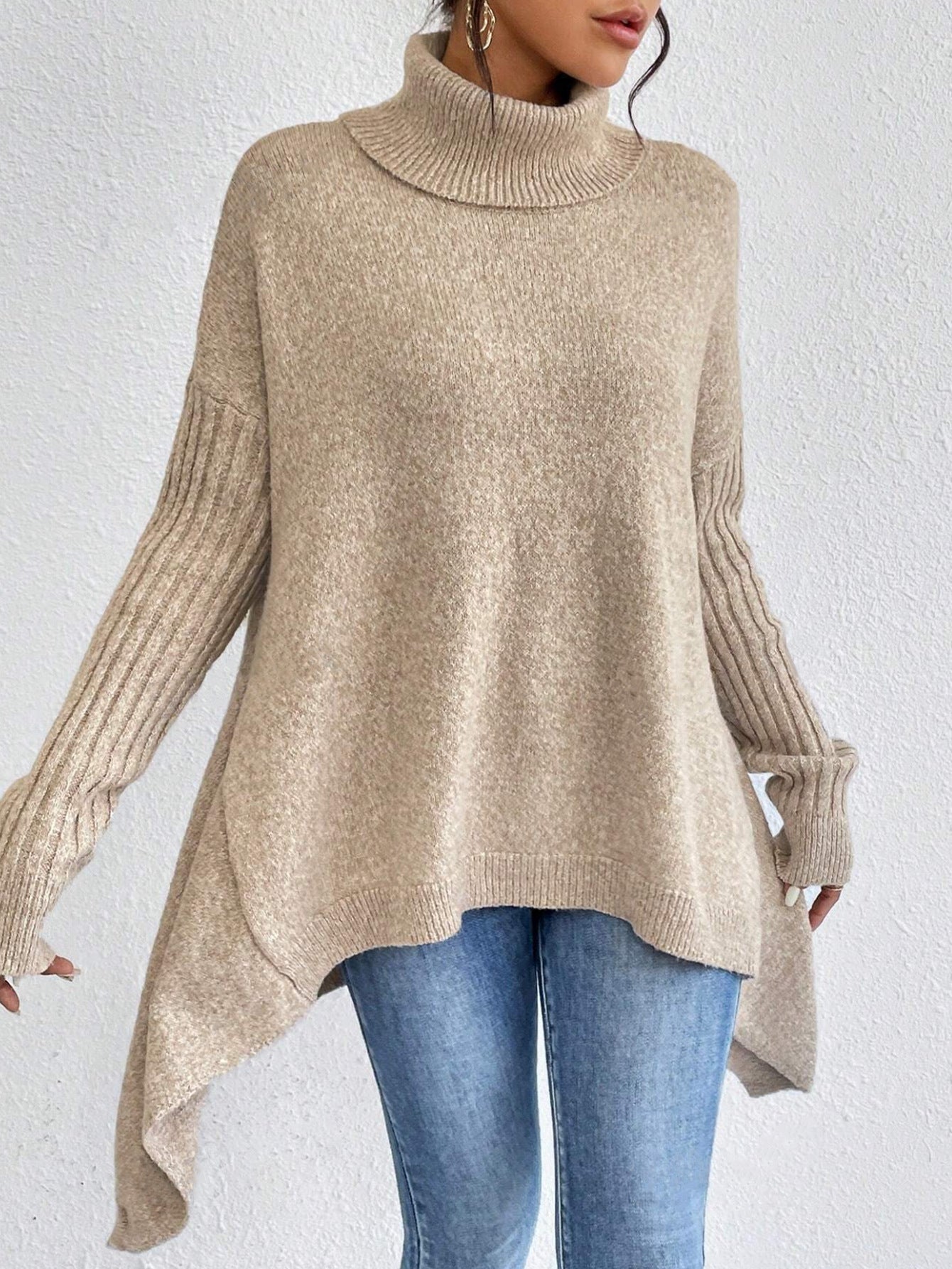 Irregular Turtleneck Sweater Winter Loose Long Sleeve Knitted Tops Leisure Warm Pullover Sweater Women's Clothing Best YouTube Store