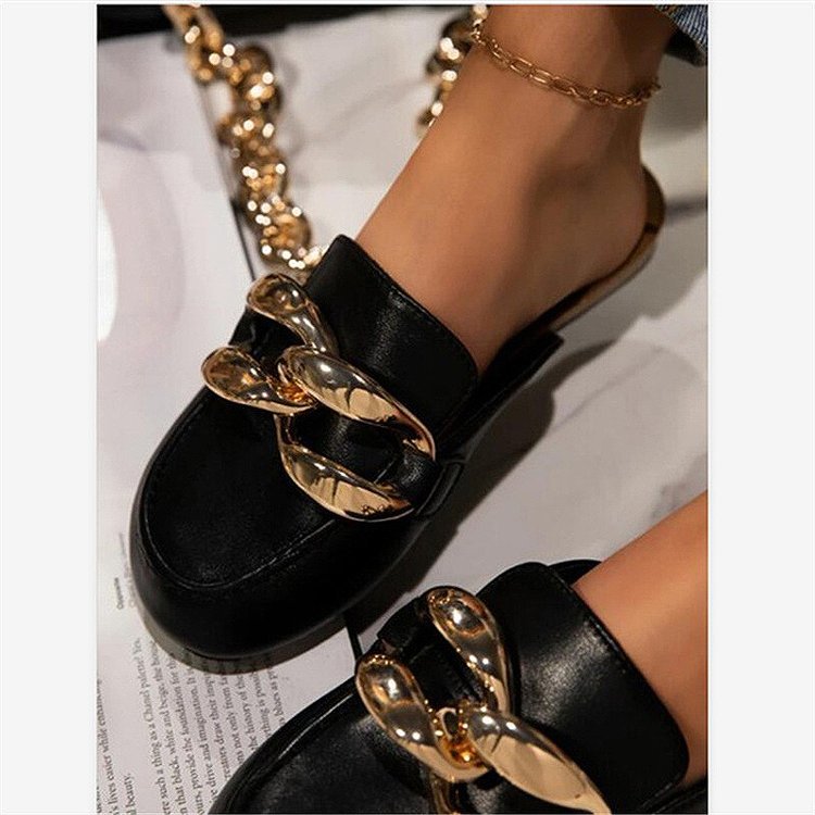 Thick Sole Baotou Metal Chain Large Size Big Head Lazy Slippers LadyShow.Store