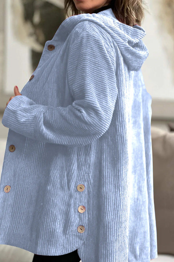 Women's Corduroy Hooded Jacket Fashion Warm Pockets Button Mid-length Top Casual Fall Winter Outwear Clothing LadyShow.Store