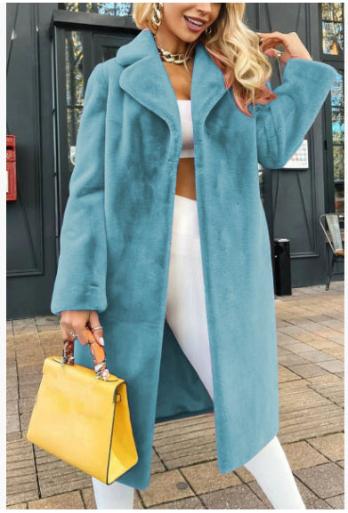 Women's Fashionable Elegant Lace-up Turn-down Collar Plush Long Coat Accent Plus