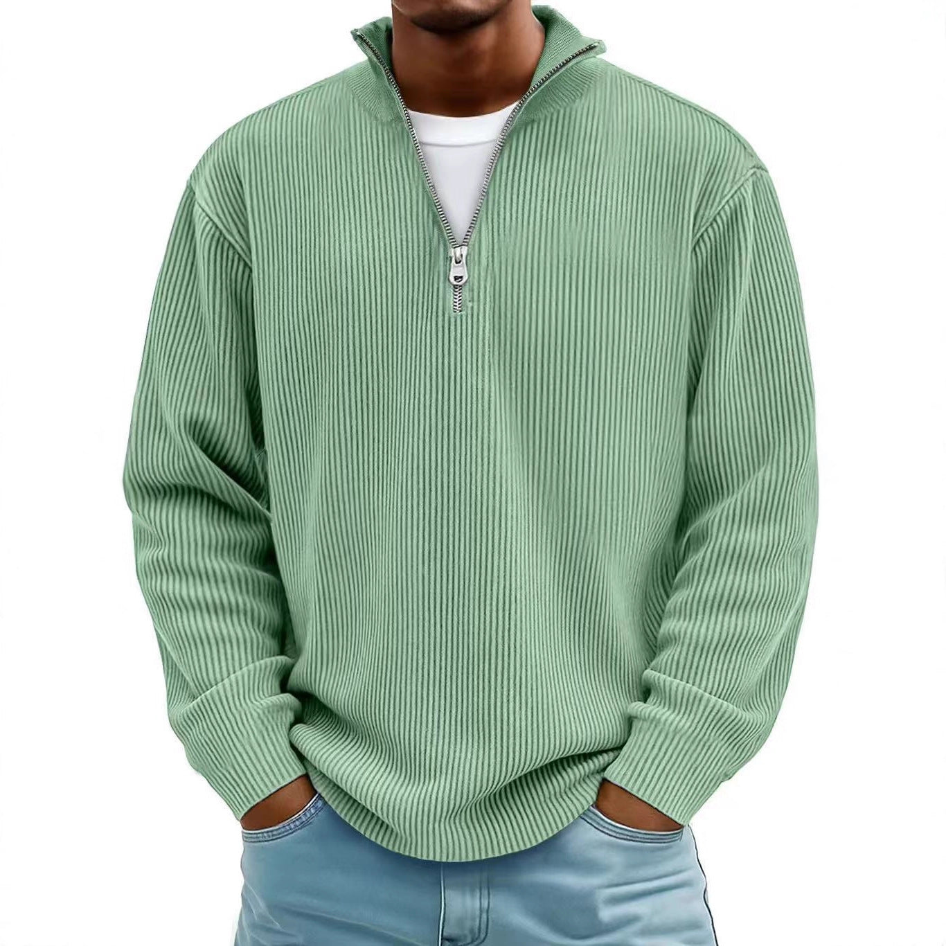 Corduroy Zipper Stand Collar Sweatshirt Fashion Warm Solid Color Long Sleeve Top Men's Casual Polo Shirt Clothing Best YouTube Store