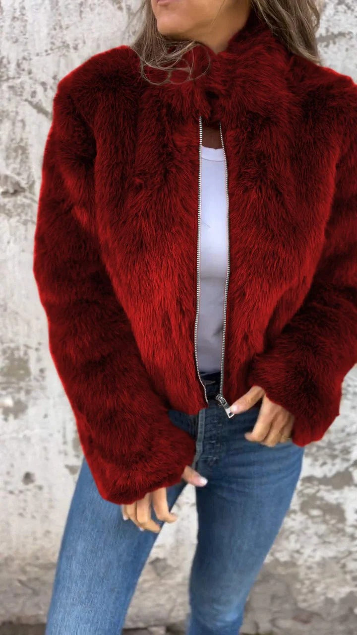 Fashion Stand Collar Plush Jacket Winter Casual Turtleneck Zipper Coat Fleece Tops Women's Clothing Accent Plus