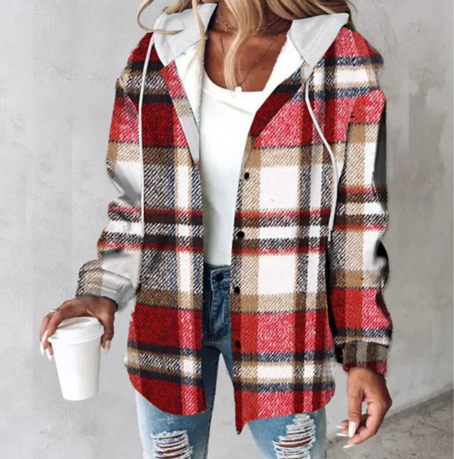 Plaid Hooded Jacket Fashion Casual Button Pocket Coat Autumn And Winter Women's Clothing Accent Plus