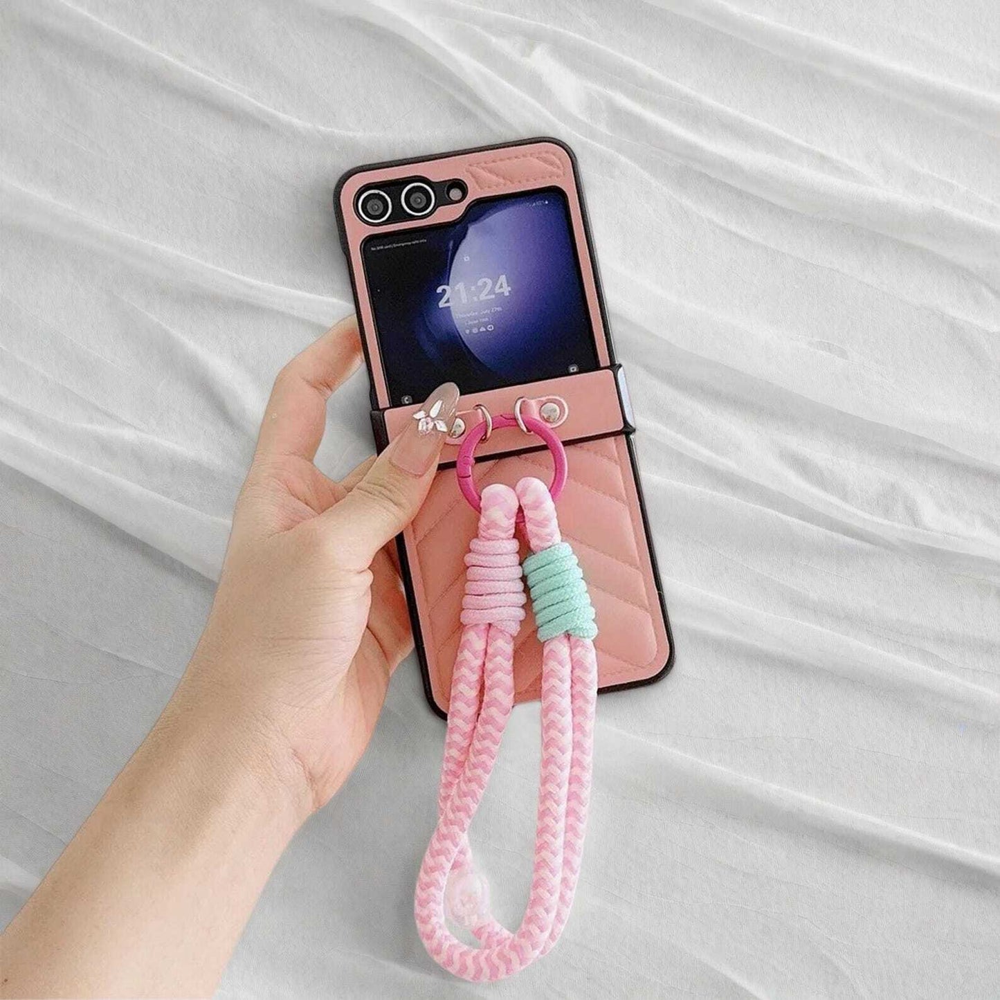 Leather Case with Wrist Strap for Samsung Galaxy Z Flip 6/5/4/3 - Hard Hinge Cover with Secure Closure & Stylish Protection W2B