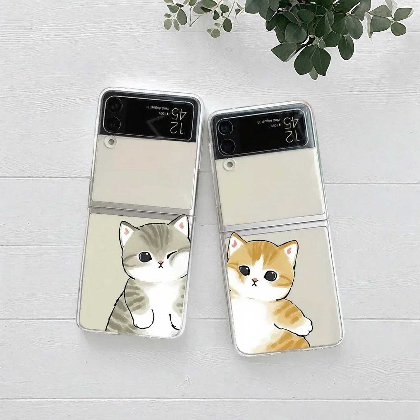 Cute Cat Couple Clear Case for Samsung Galaxy Z Flip 6/5/4/3 - Transparent Paired Cover with Adorable Design and Durable Protection W2B