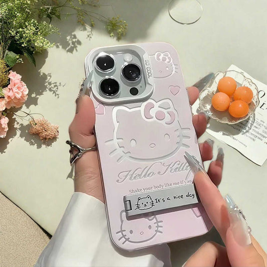Luxury Pink Kitty Case with Stand for iPhone 16 15 14 13 12 11 Pro Max Plus - Soft Silicone Anti-Drop Protective Cover with Bracket W2B