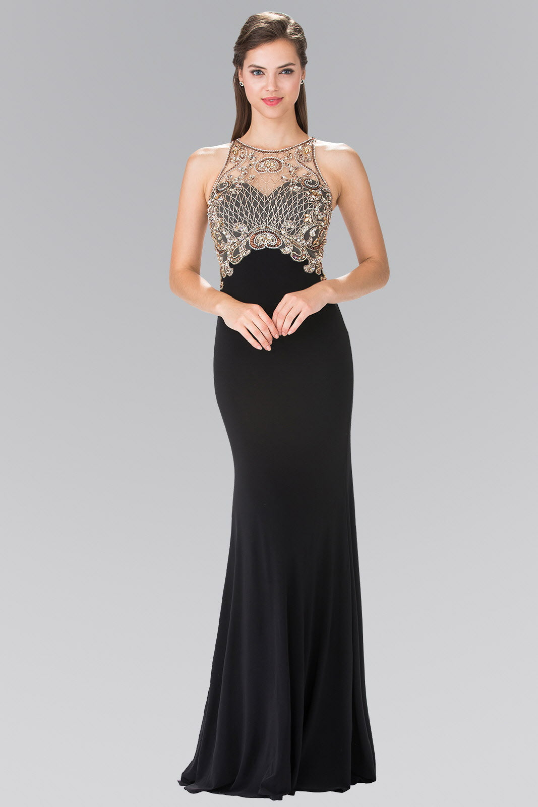 Floor Length Dress with Jewel Embellished Sheer Bodice and Back Tux-USA