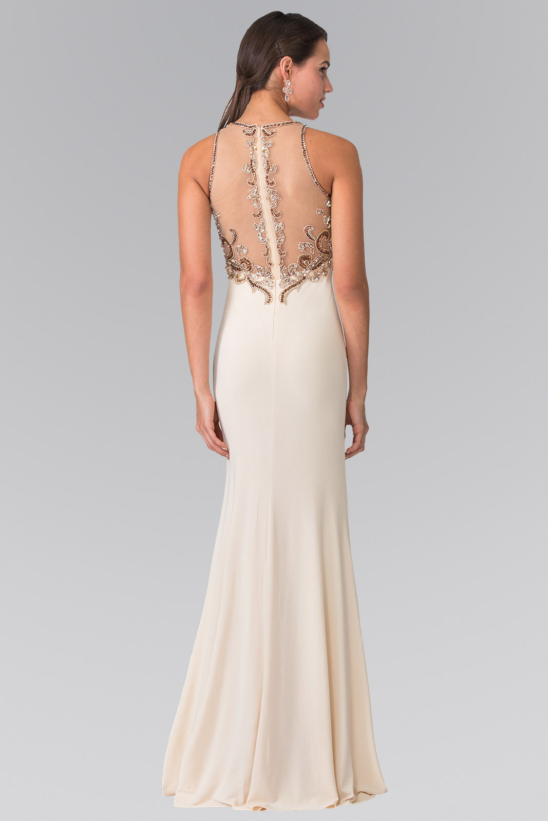 Floor Length Dress with Jewel Embellished Sheer Bodice and Back Tux-USA