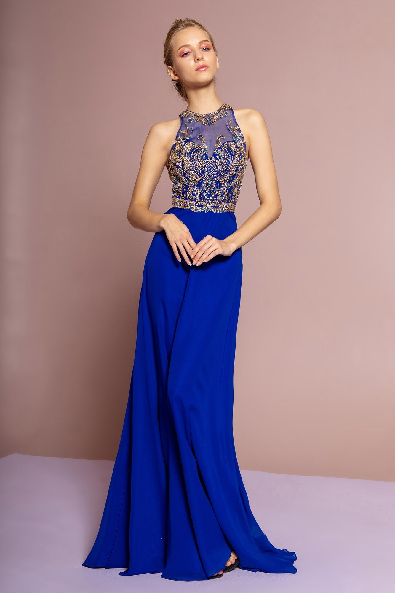 Jewel and Bead Embellished Long Dress with Back Cut Out Tux-USA