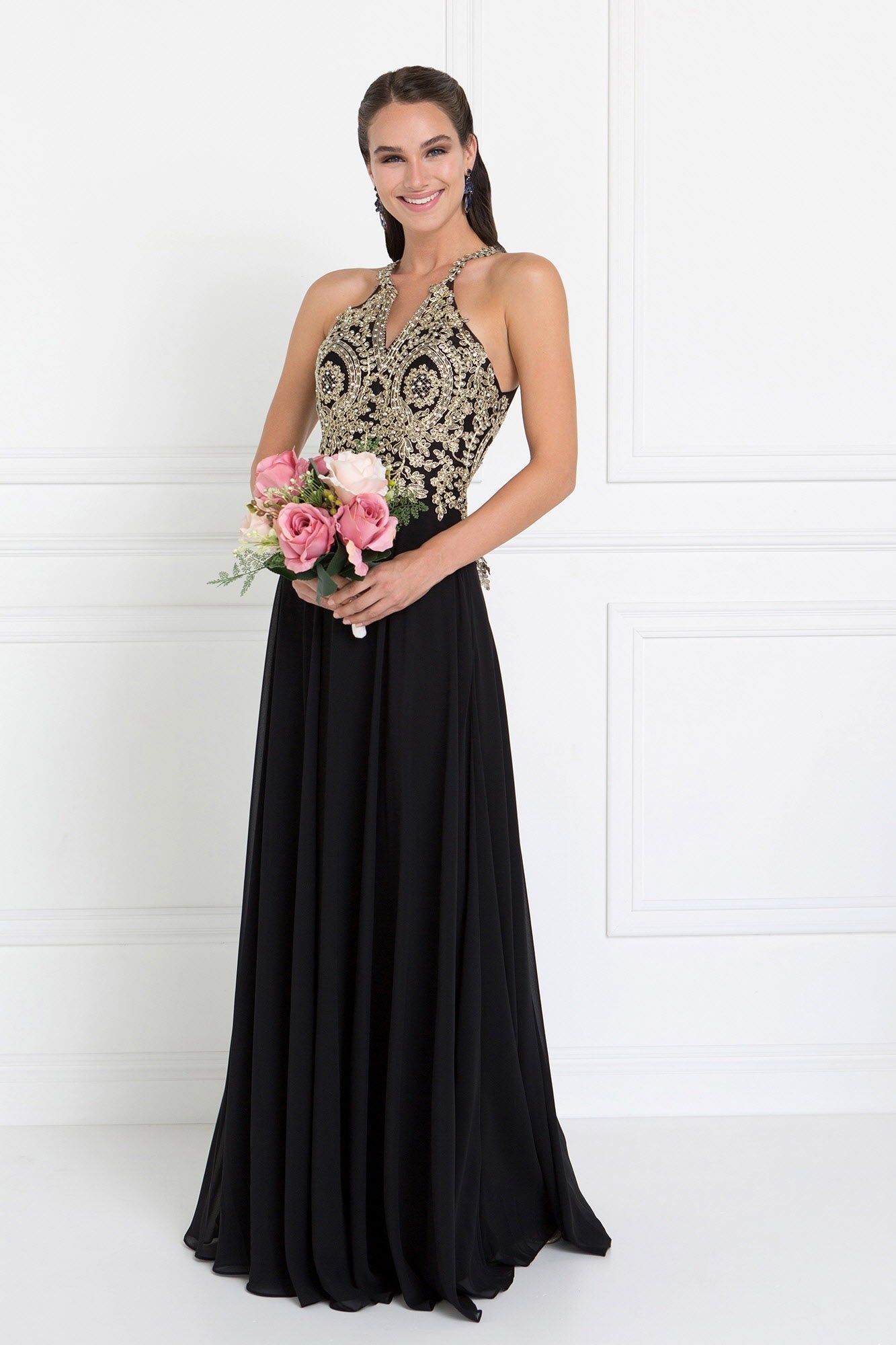 Chiffon Deep V-Back A-Line Long Dress Accented with Embroidery Tux-USA