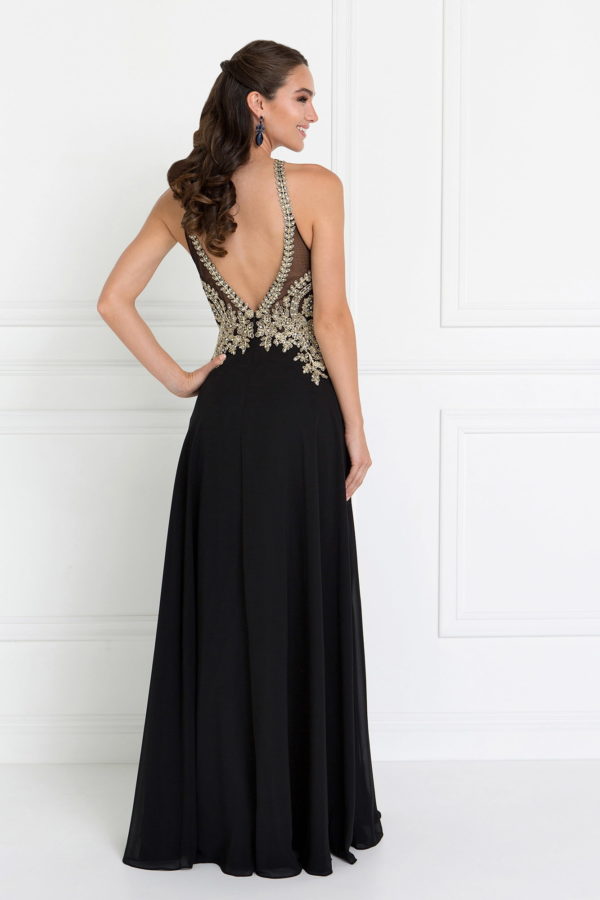 Chiffon Deep V-Back A-Line Long Dress Accented with Embroidery Tux-USA