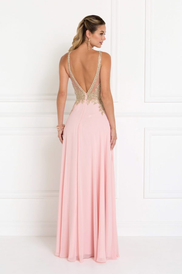 Chiffon Deep V-Back A-Line Long Dress Accented with Embroidery Tux-USA
