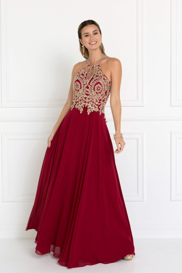 Chiffon Deep V-Back A-Line Long Dress Accented with Embroidery Tux-USA
