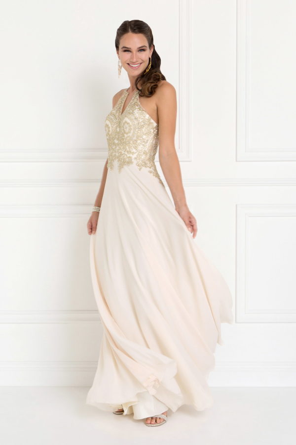 Chiffon Deep V-Back A-Line Long Dress Accented with Embroidery Tux-USA