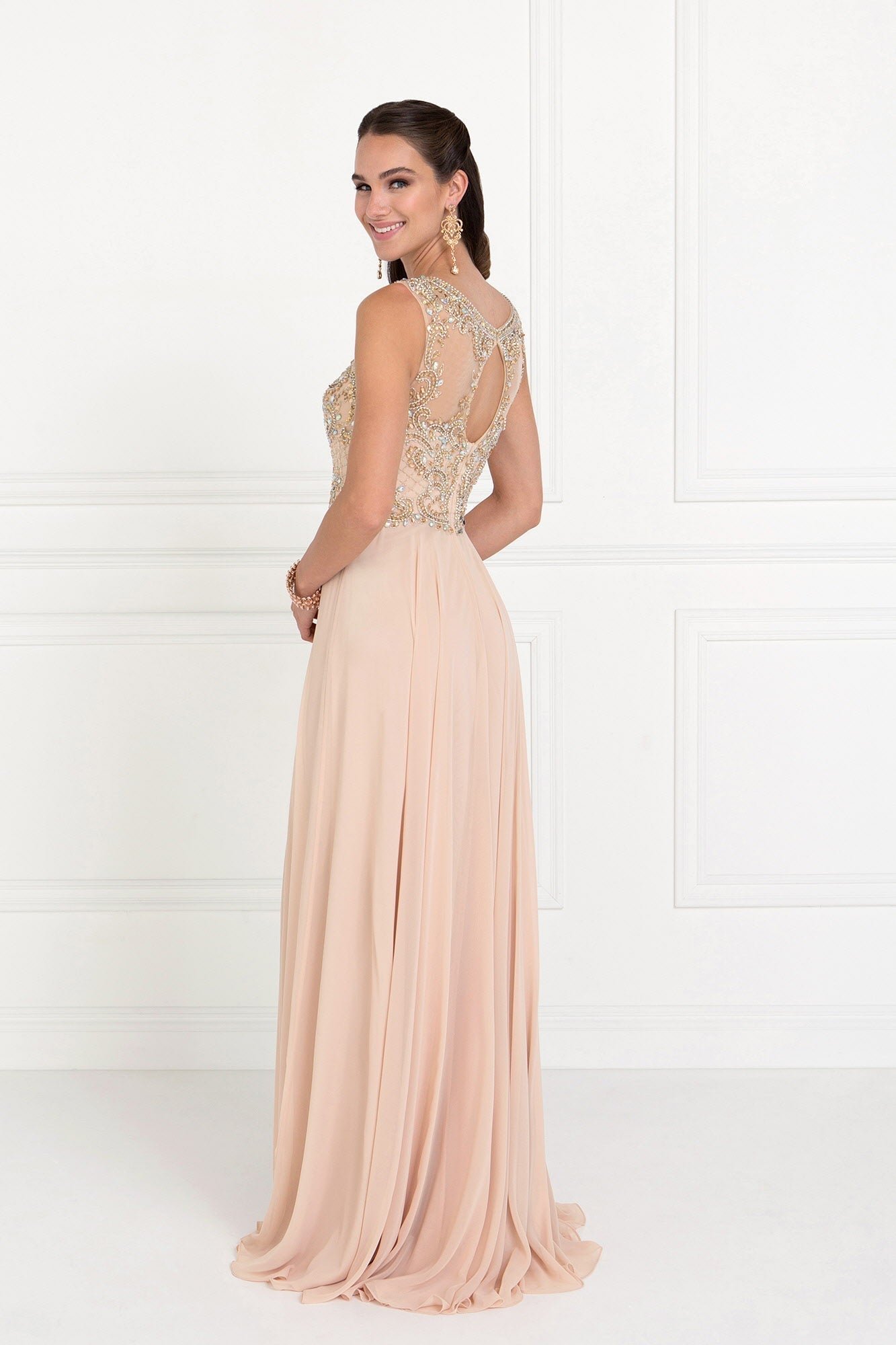 Chiffon Illusion Sweetheart A-Line Long Dress with Cut-Out Back Tux-USA