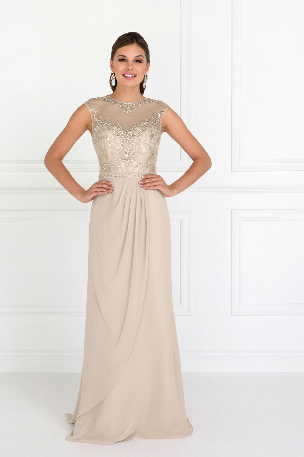 Sleeveless Chiffon Floor Length Dress with Jewel Embellished Bodice and Back Tux-USA