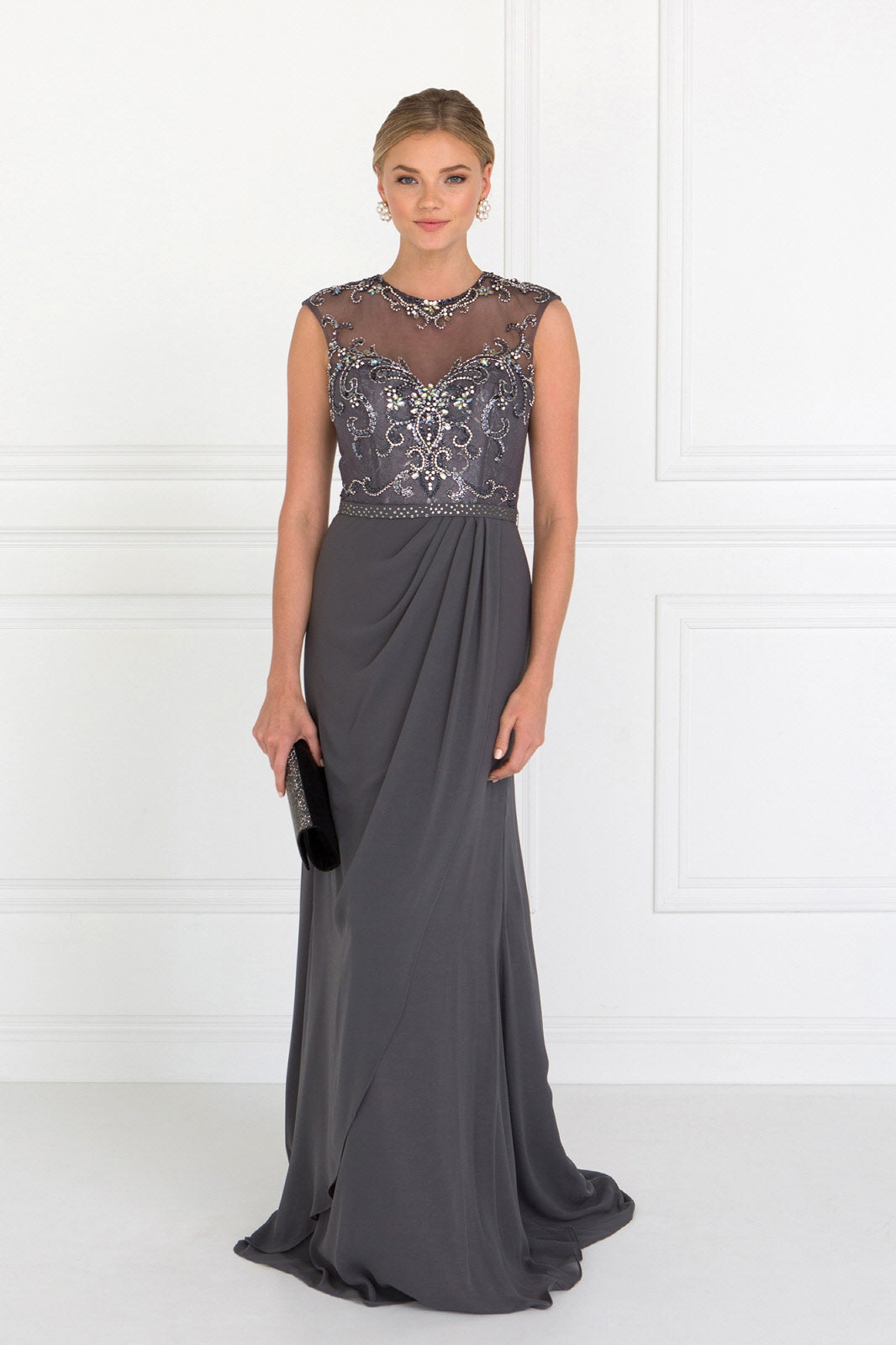 Sleeveless Chiffon Floor Length Dress with Jewel Embellished Bodice and Back Tux-USA