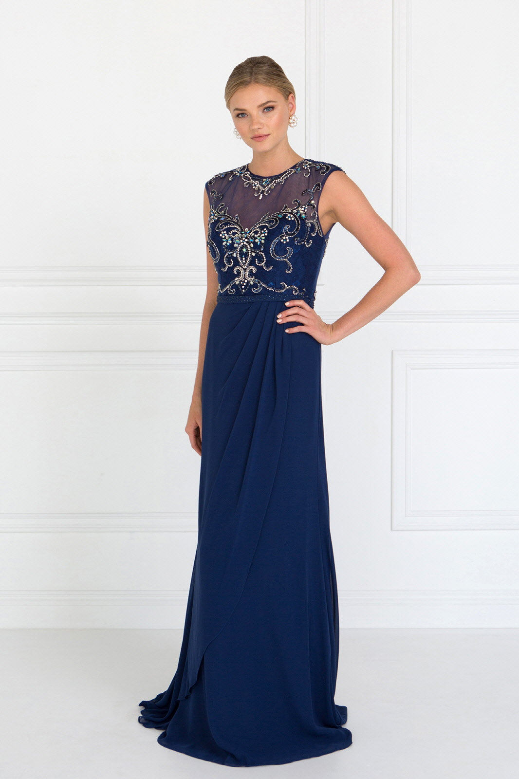 Sleeveless Chiffon Floor Length Dress with Jewel Embellished Bodice and Back Tux-USA