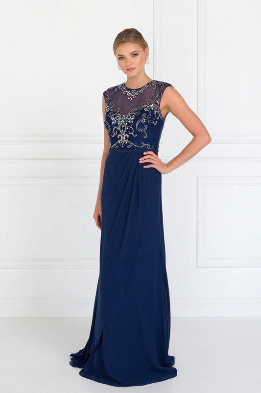 Sleeveless Chiffon Floor Length Dress with Jewel Embellished Bodice and Back Tux-USA