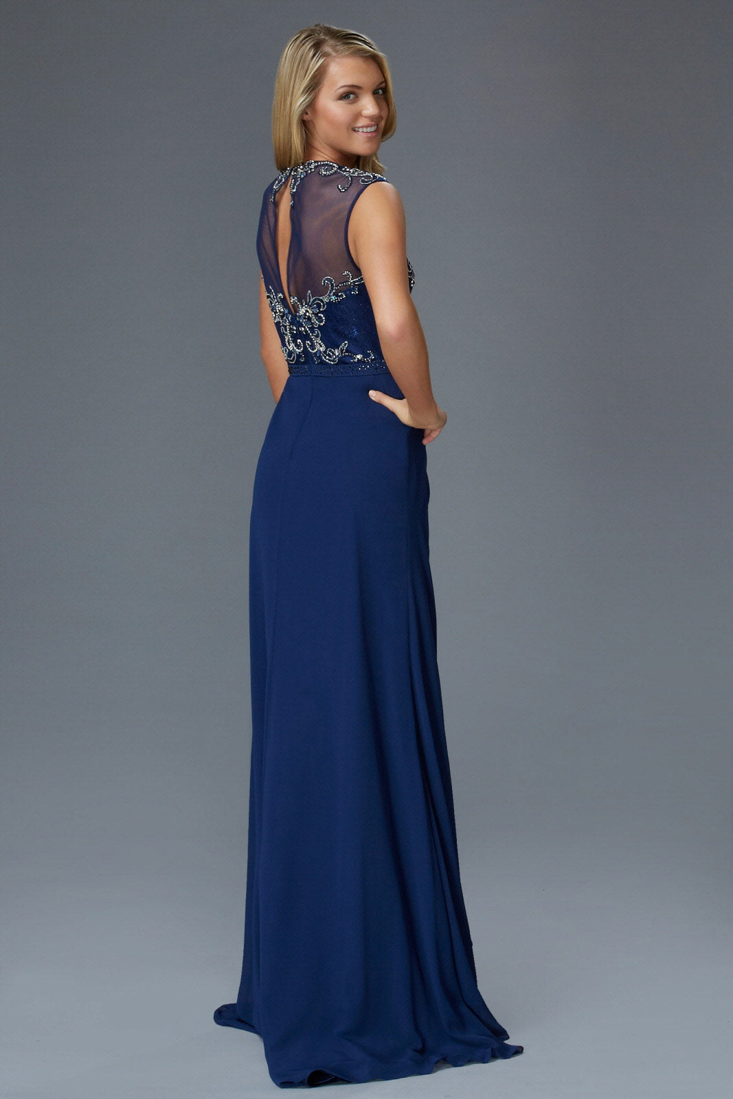 Sleeveless Chiffon Floor Length Dress with Jewel Embellished Bodice and Back Tux-USA