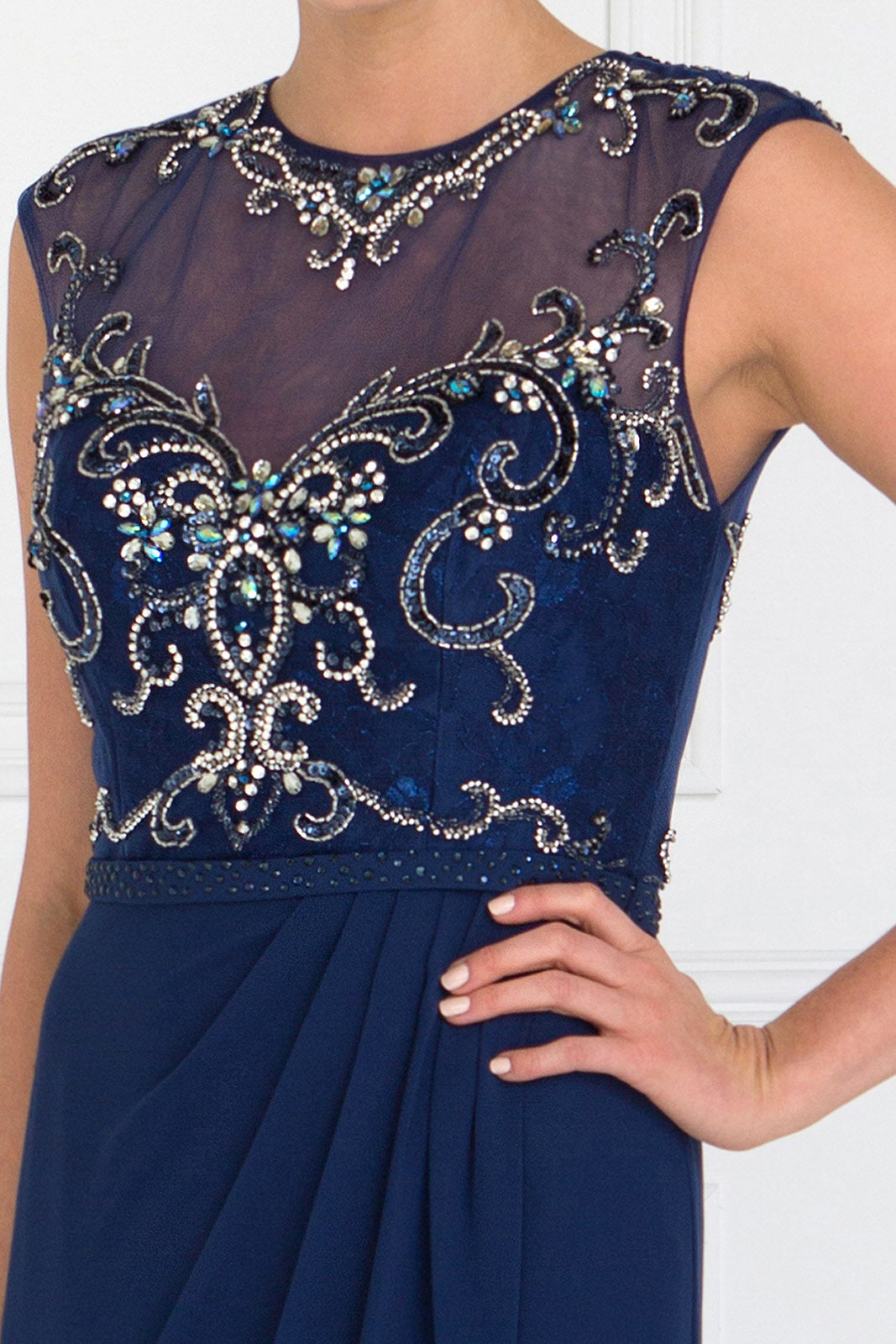 Sleeveless Chiffon Floor Length Dress with Jewel Embellished Bodice and Back Tux-USA