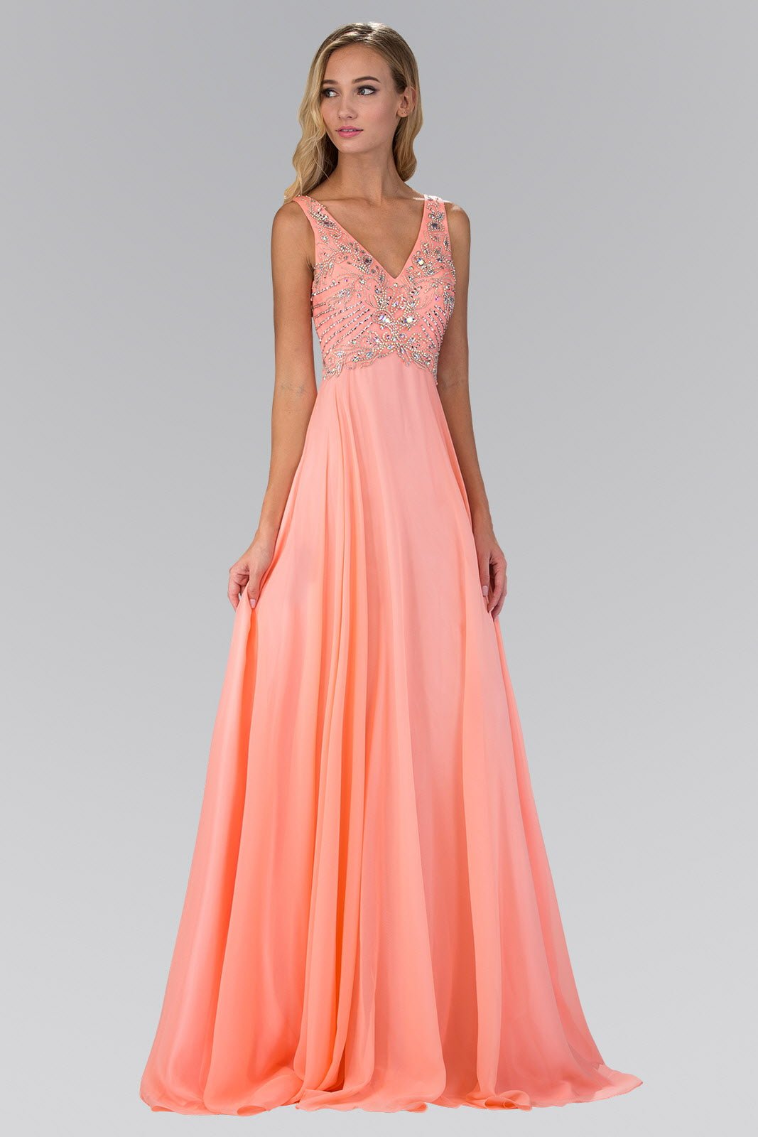 V Neck and Back Chiffon Floor Length Dress with Jewel and Sequin Bodice Tux-USA
