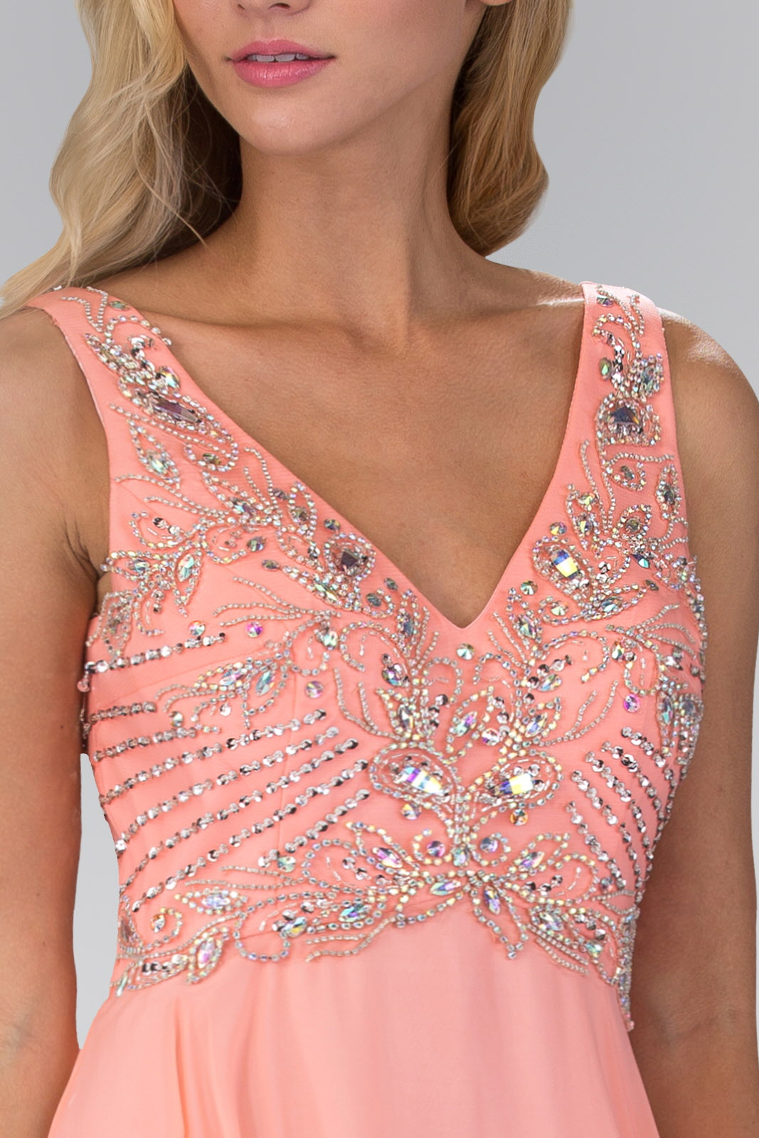 V Neck and Back Chiffon Floor Length Dress with Jewel and Sequin Bodice Tux-USA