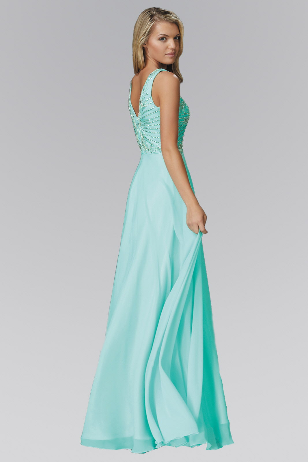 V Neck and Back Chiffon Floor Length Dress with Jewel and Sequin Bodice Tux-USA
