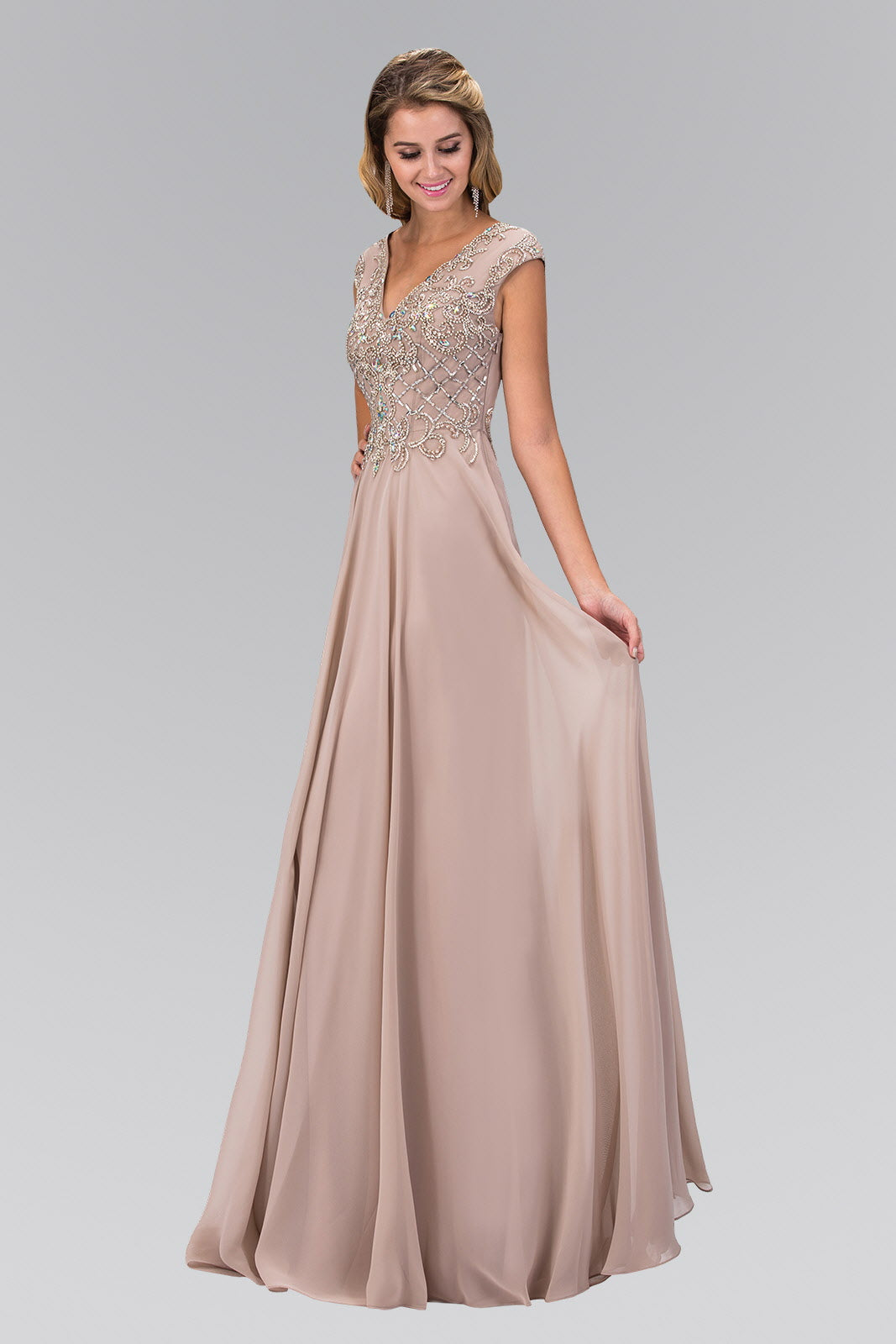 V-Neck Chiffon Floor Length Dress with Jewel Embellished Bodice Tux-USA