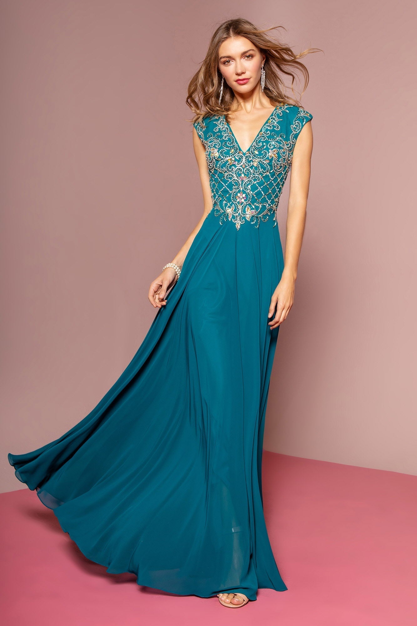 V-Neck Chiffon Floor Length Dress with Jewel Embellished Bodice Tux-USA