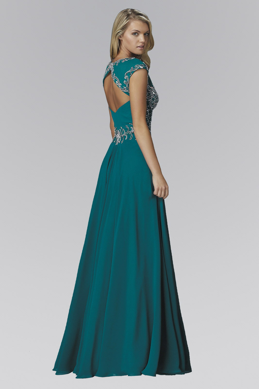 V-Neck Chiffon Floor Length Dress with Jewel Embellished Bodice Tux-USA