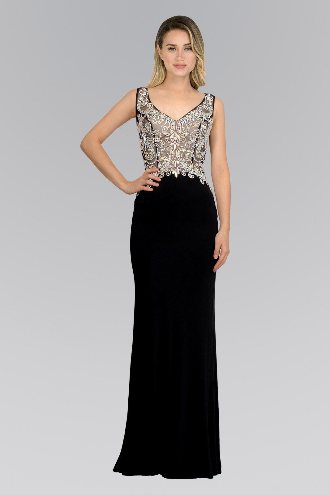 Jewel Embellished Sheer Bodice Jersey Long Dress Tux-USA