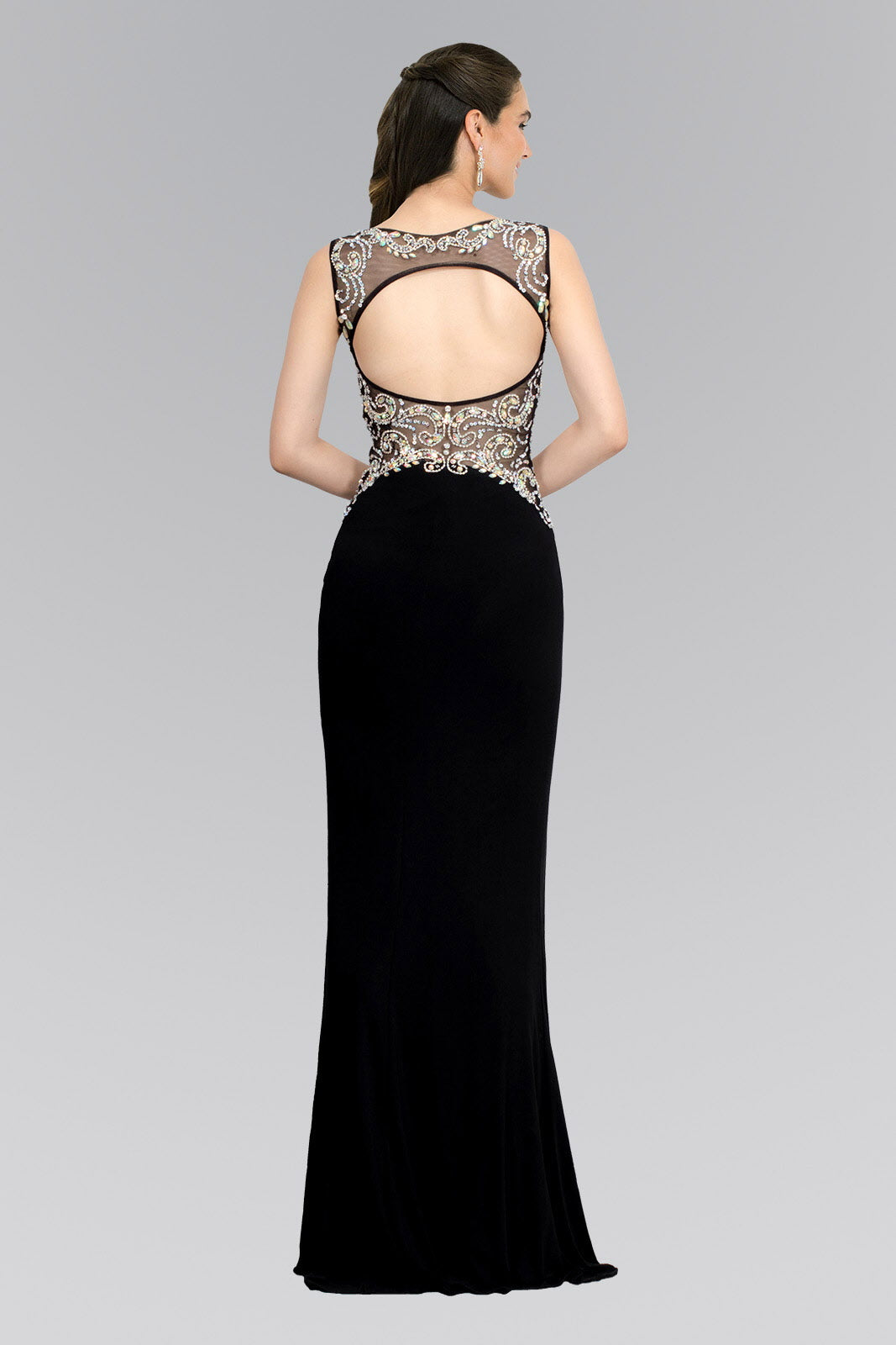 Jewel Embellished Sheer Bodice Jersey Long Dress Tux-USA