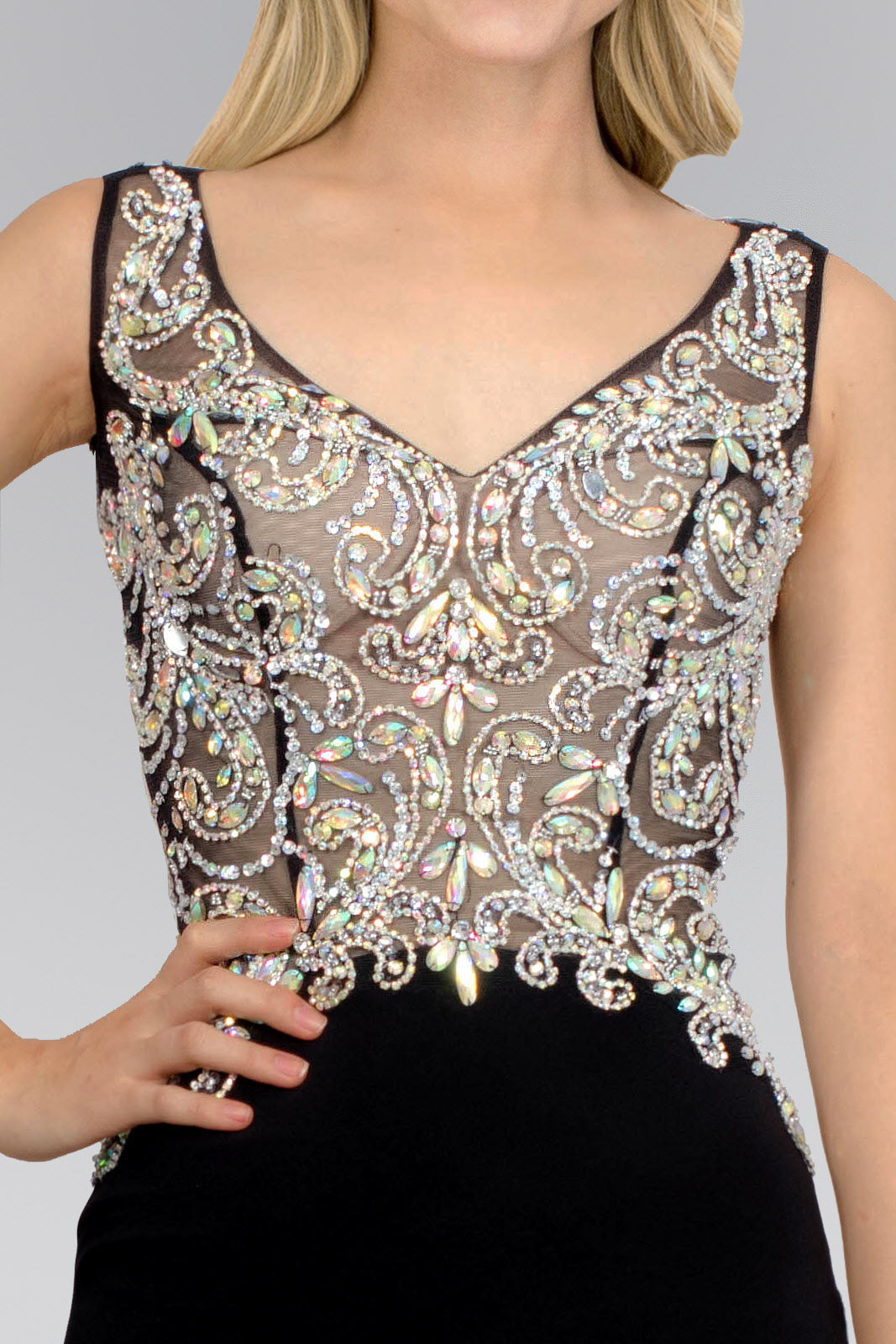 Jewel Embellished Sheer Bodice Jersey Long Dress Tux-USA