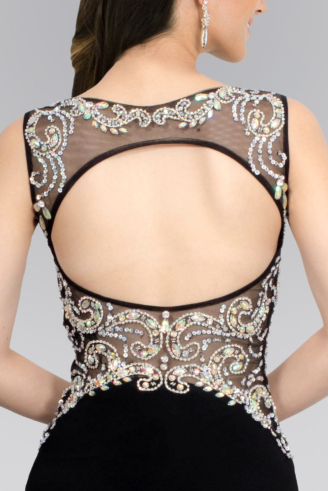 Jewel Embellished Sheer Bodice Jersey Long Dress Tux-USA