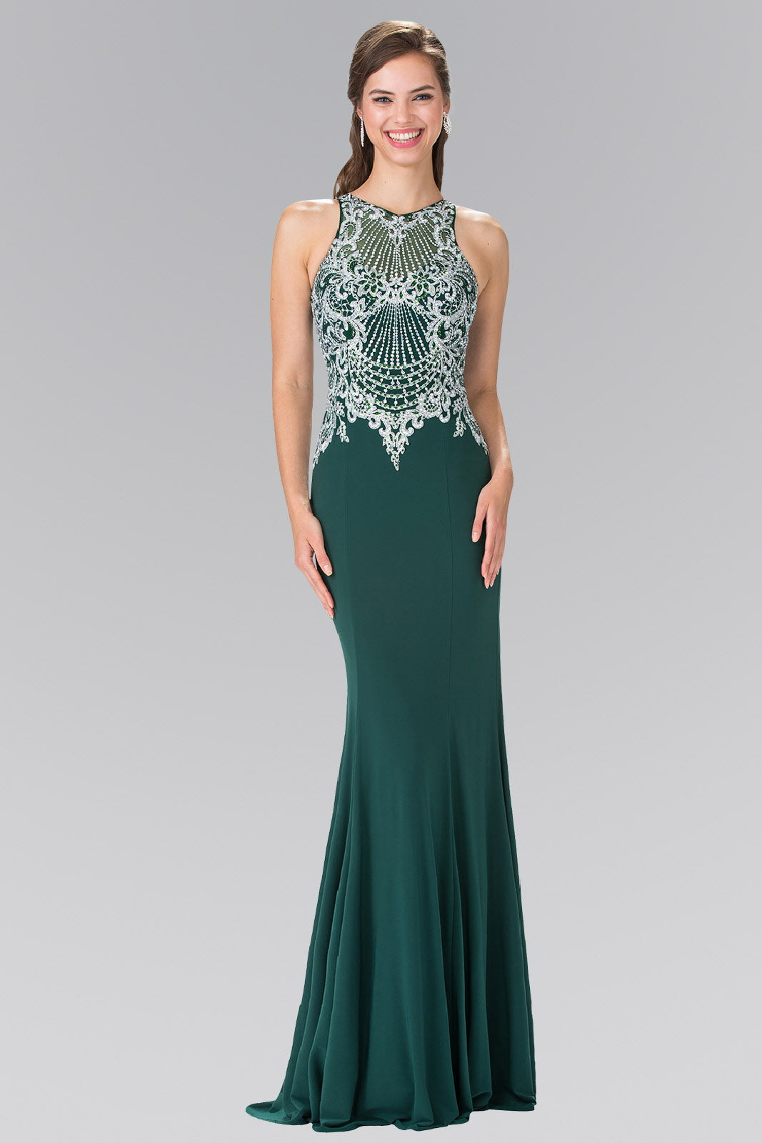 Embroidered Illusion Jersey Long Dress Tux-USA