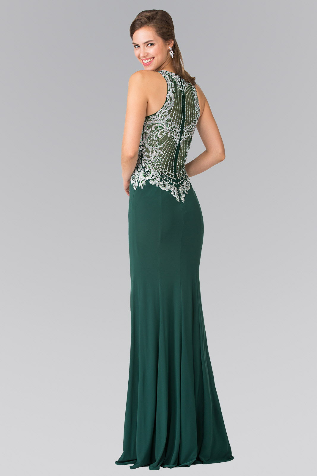 Embroidered Illusion Jersey Long Dress Tux-USA