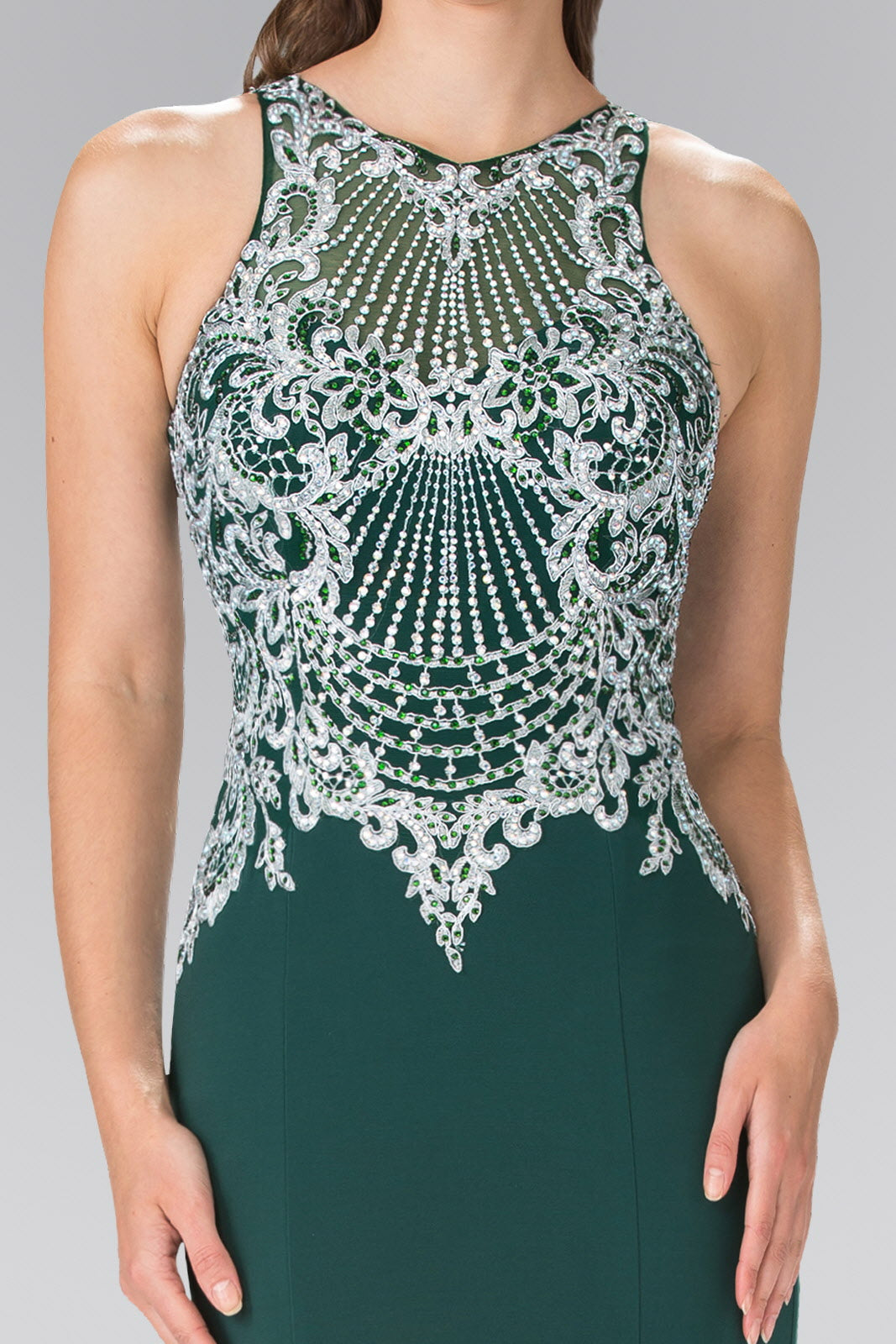Embroidered Illusion Jersey Long Dress Tux-USA