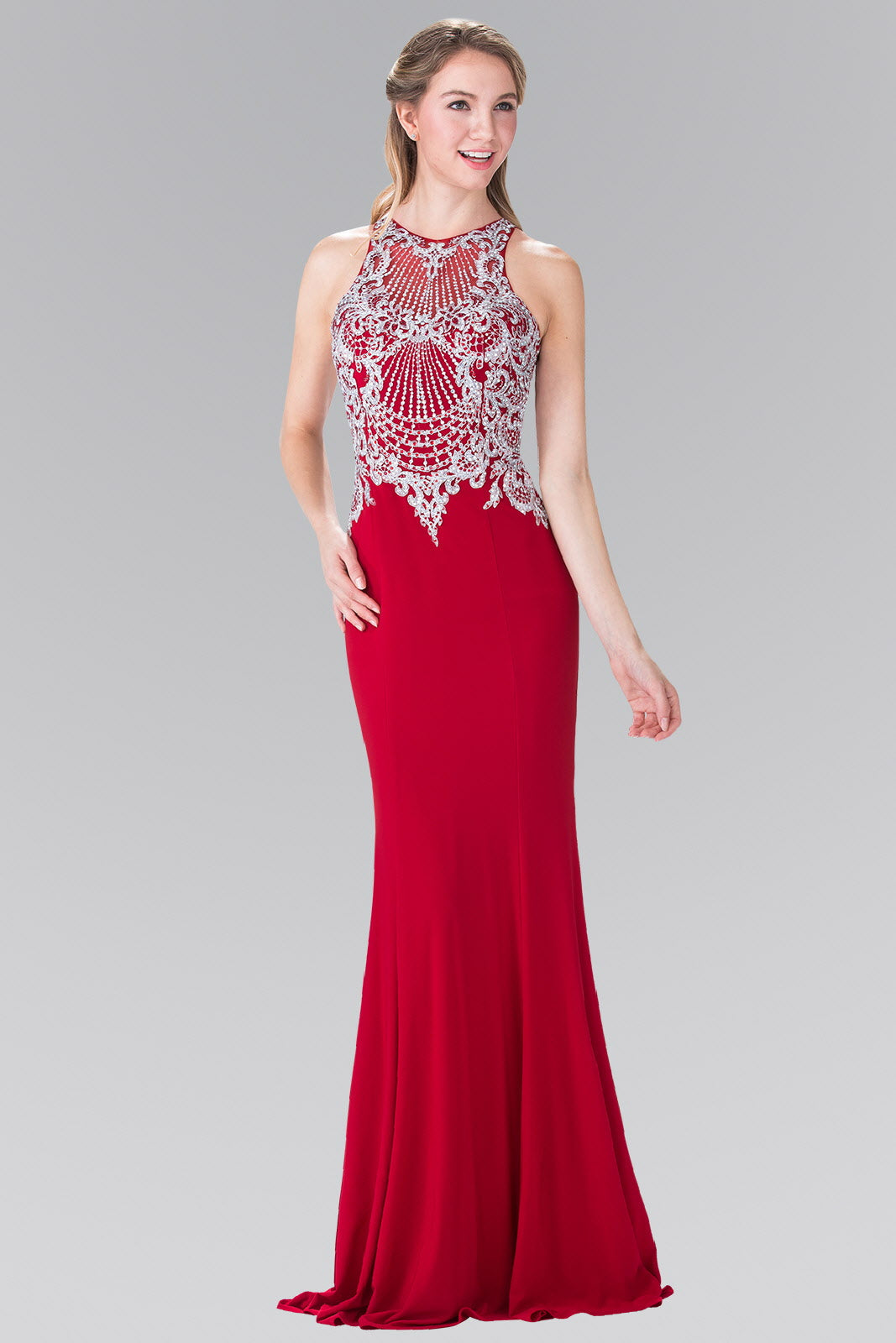 Embroidered Illusion Jersey Long Dress Tux-USA