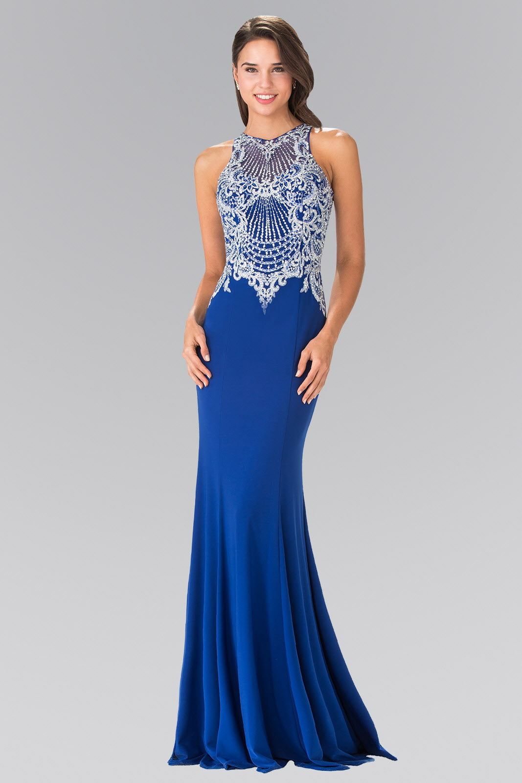 Embroidered Illusion Jersey Long Dress Tux-USA