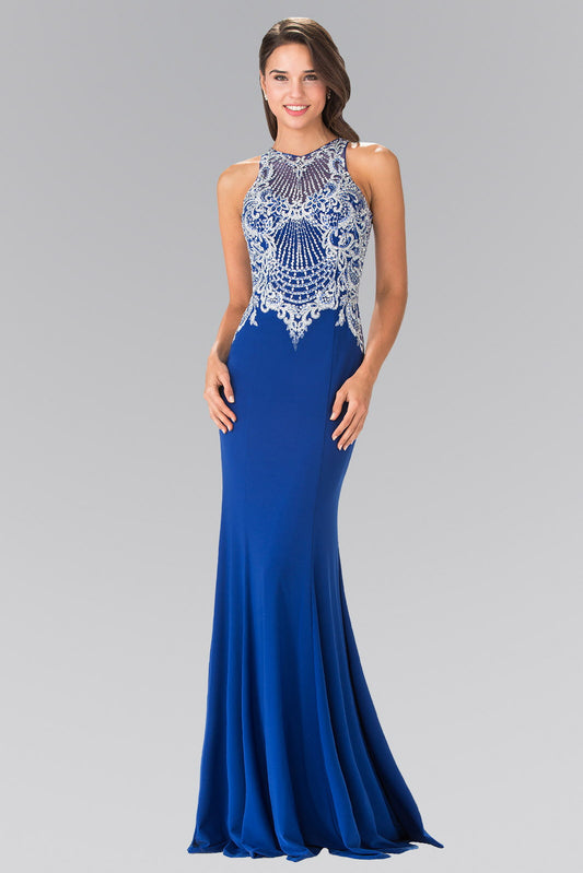 Embroidered Illusion Jersey Long Dress Tux-USA