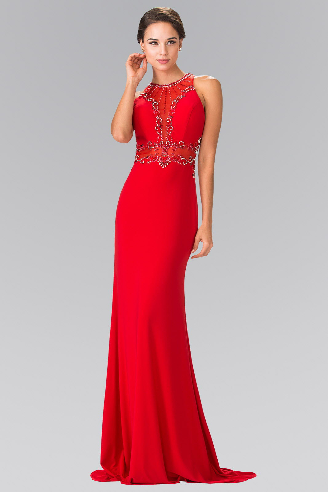 Beads Embellished Jersey Long Dress with Sheer Back Tux-USA