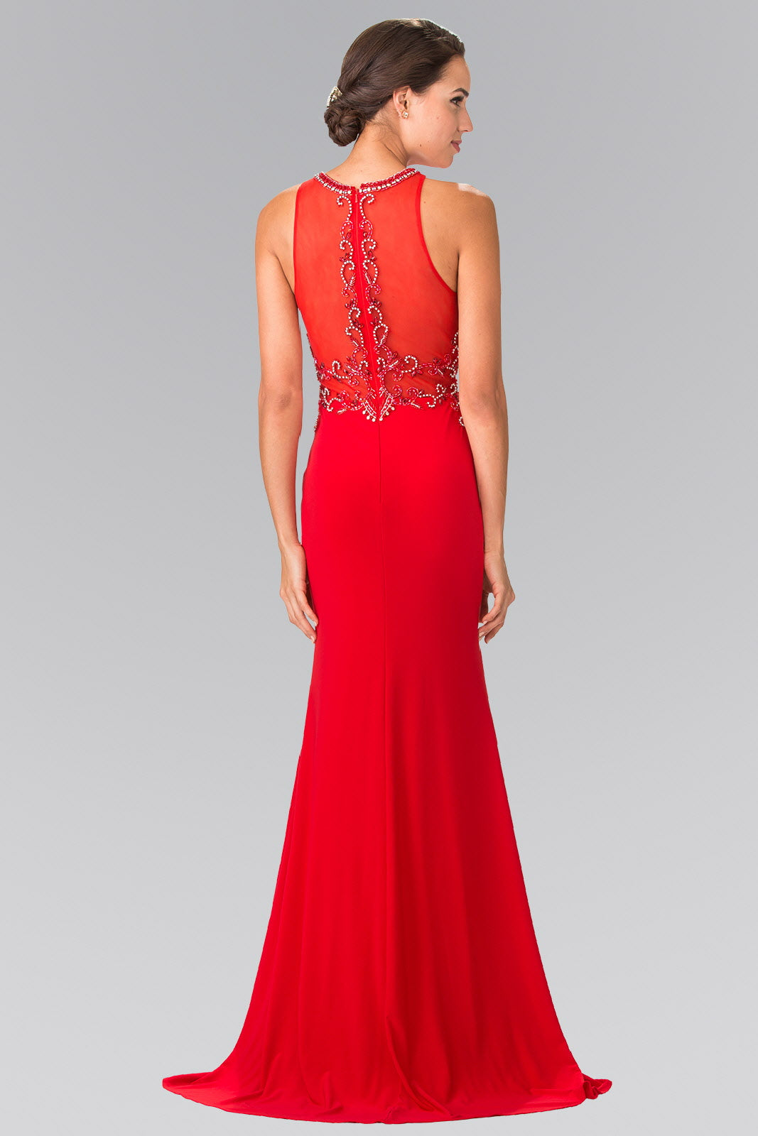 Beads Embellished Jersey Long Dress with Sheer Back Tux-USA