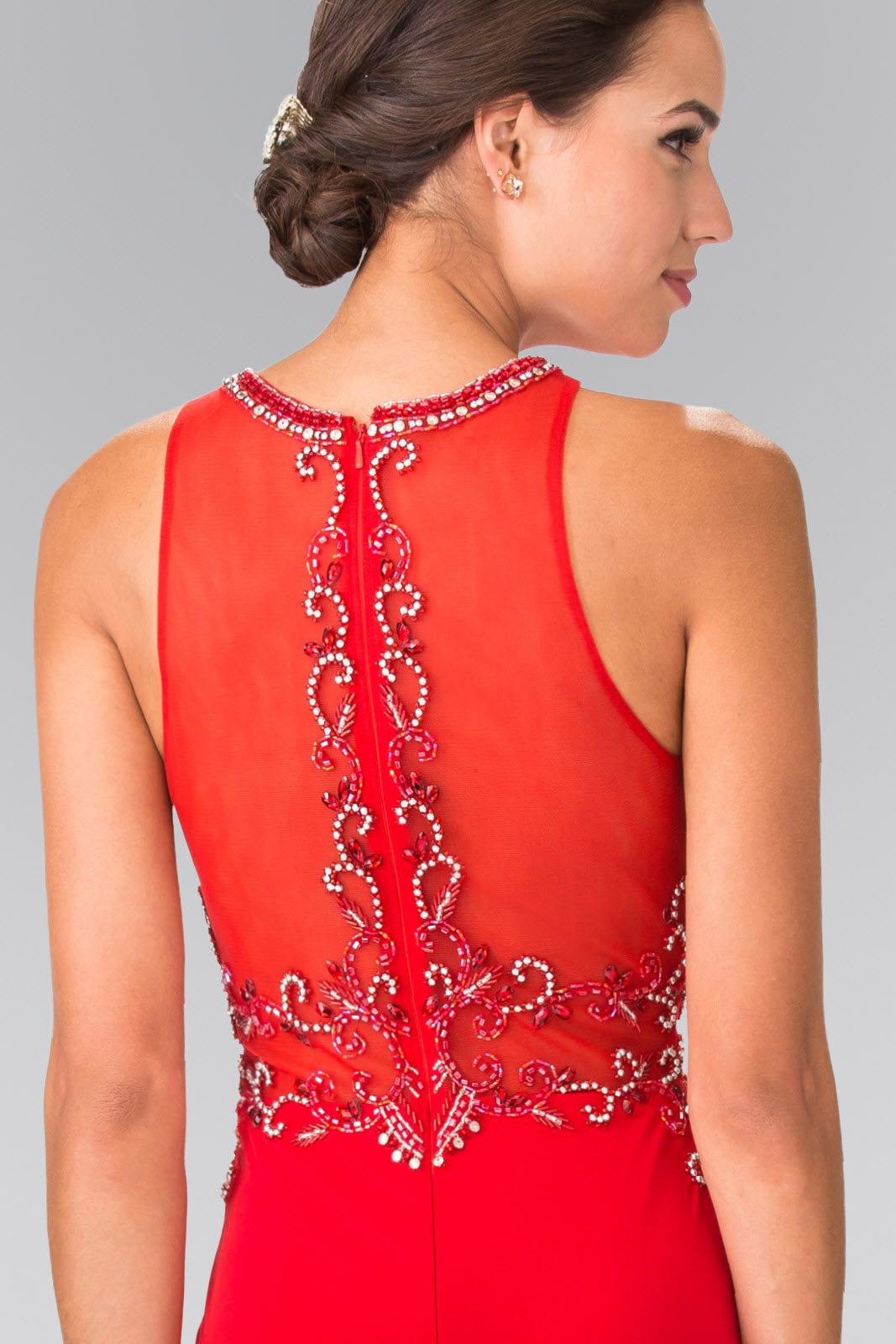 Beads Embellished Jersey Long Dress with Sheer Back Tux-USA