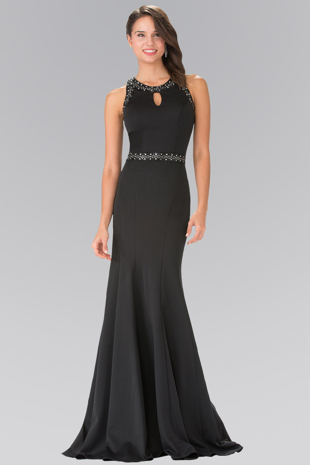 Beads Embellished Jersey Long Dress with Sheer Back Tux-USA