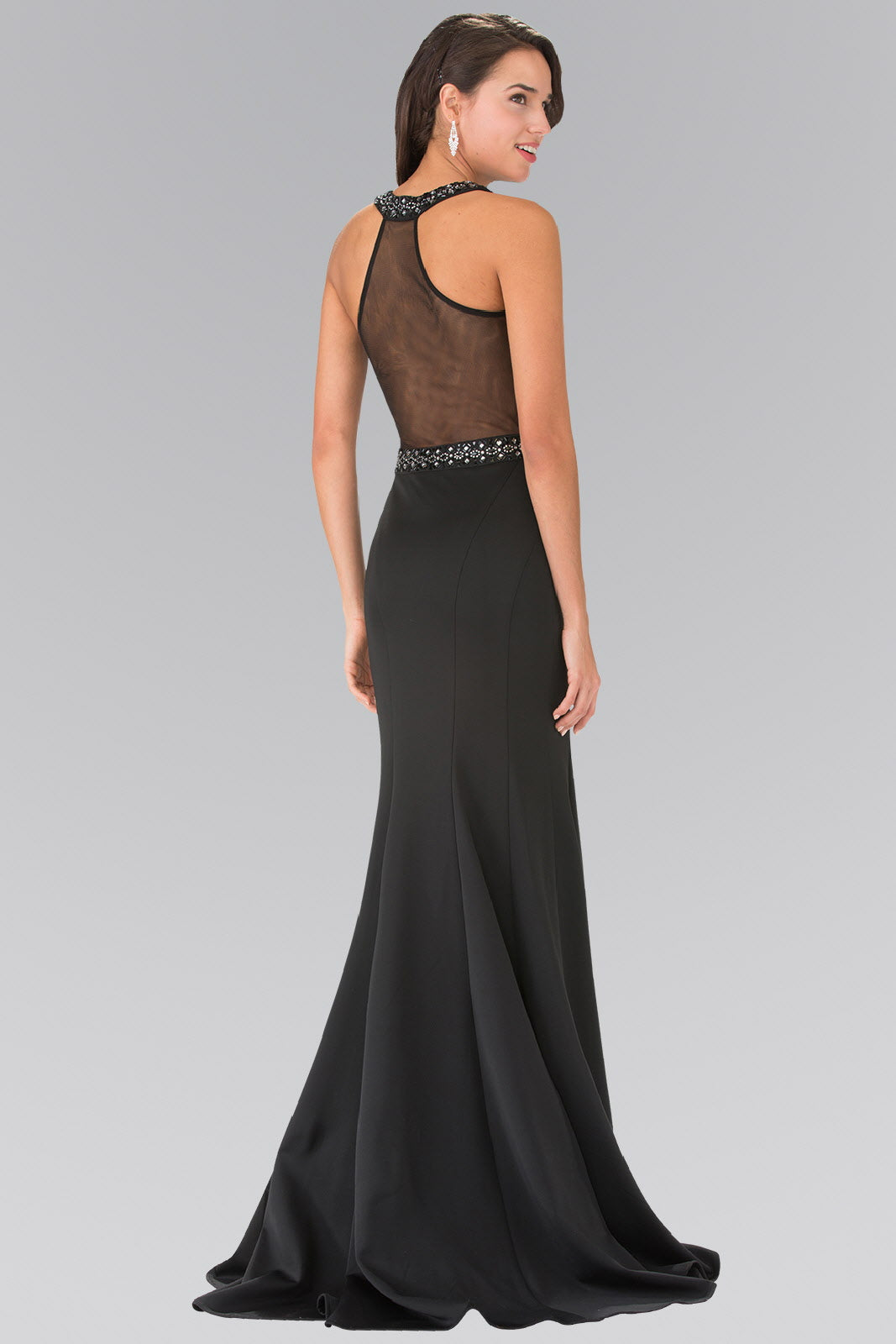 Beads Embellished Jersey Long Dress with Sheer Back Tux-USA