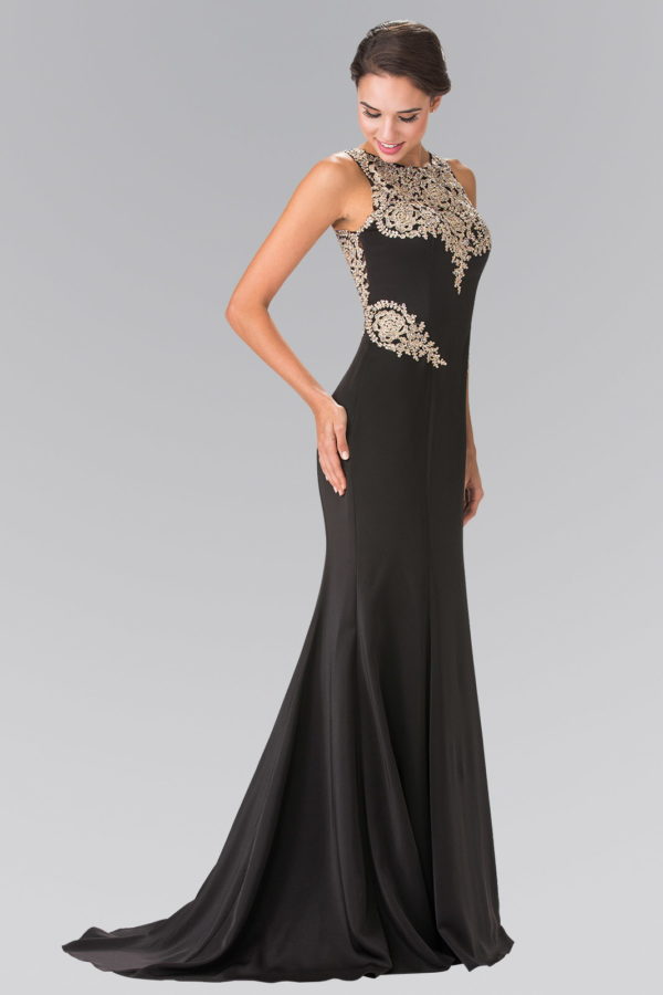 Embroidery Rome Jersey Long Dress with Open Back Tux-USA