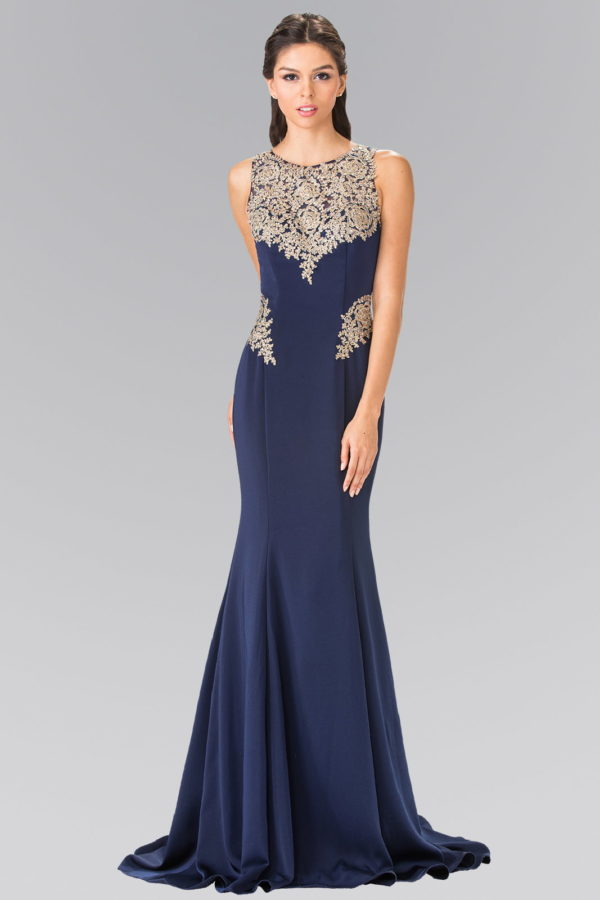 Embroidery Rome Jersey Long Dress with Open Back Tux-USA